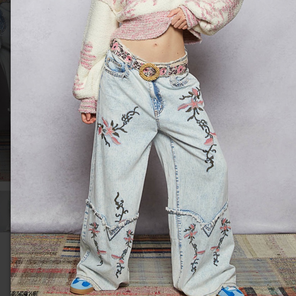 POL High Rise Embroidered Jeans - Light Blue